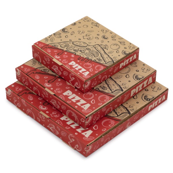 three printed pizza boxes stacked on top of each other